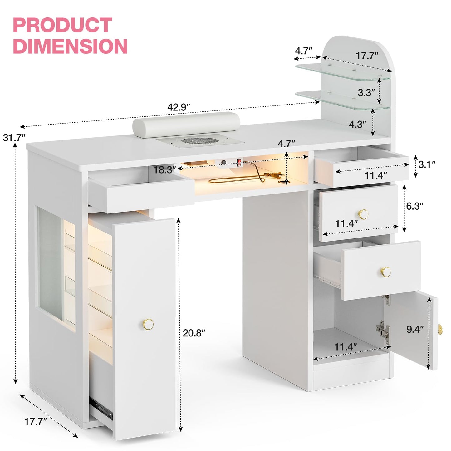 TTGIEET Manicure Table for Nail Tech w/LED Light Display Cabinet，Professional Nail Tech Desk with Storage Cabinet & Drawer, Dust Collector, Wrist Rest, Acetone-Resistant, for Beauty Salon, Spa & Home