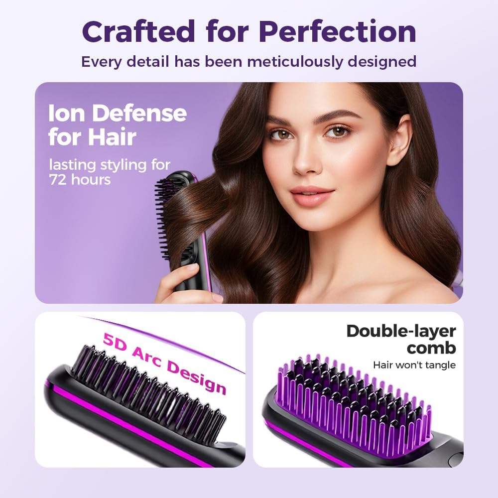 Cordless Straightening Brush for Short Hair - 2026 Upgraded Ionic & Ceramic Heat Brush | 3 Temp Settings, 2000mAh USB-C Rechargeable, Frizz-Free (Purple)