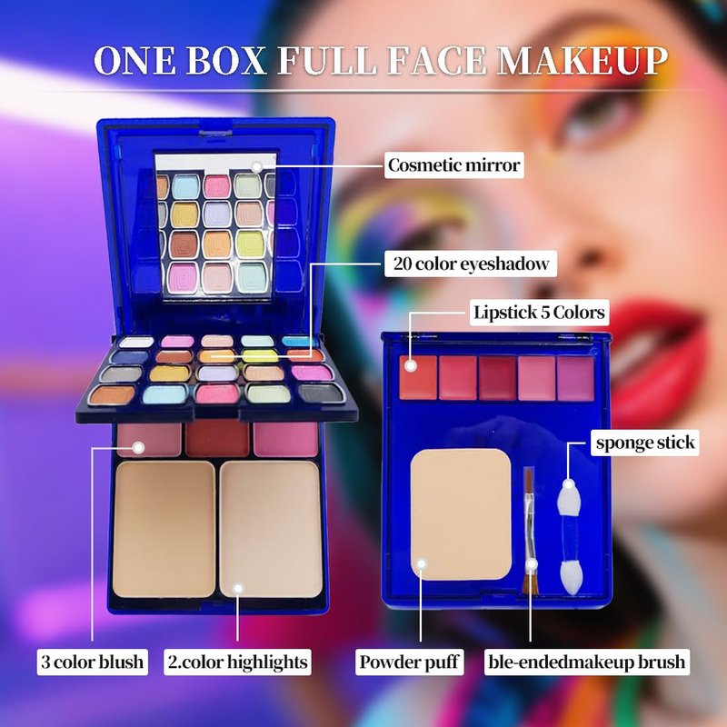 20 Color Eyeshadow Palette & Lipstick Blusher Set - Full Face Makeup Kit with Mirror, Brushes & Sponge