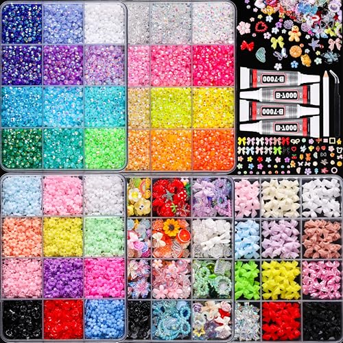 LERBOU Set 01 Bedazzling Nail Art Kit with Resin Gems Flowers Bowknot 24 Colors