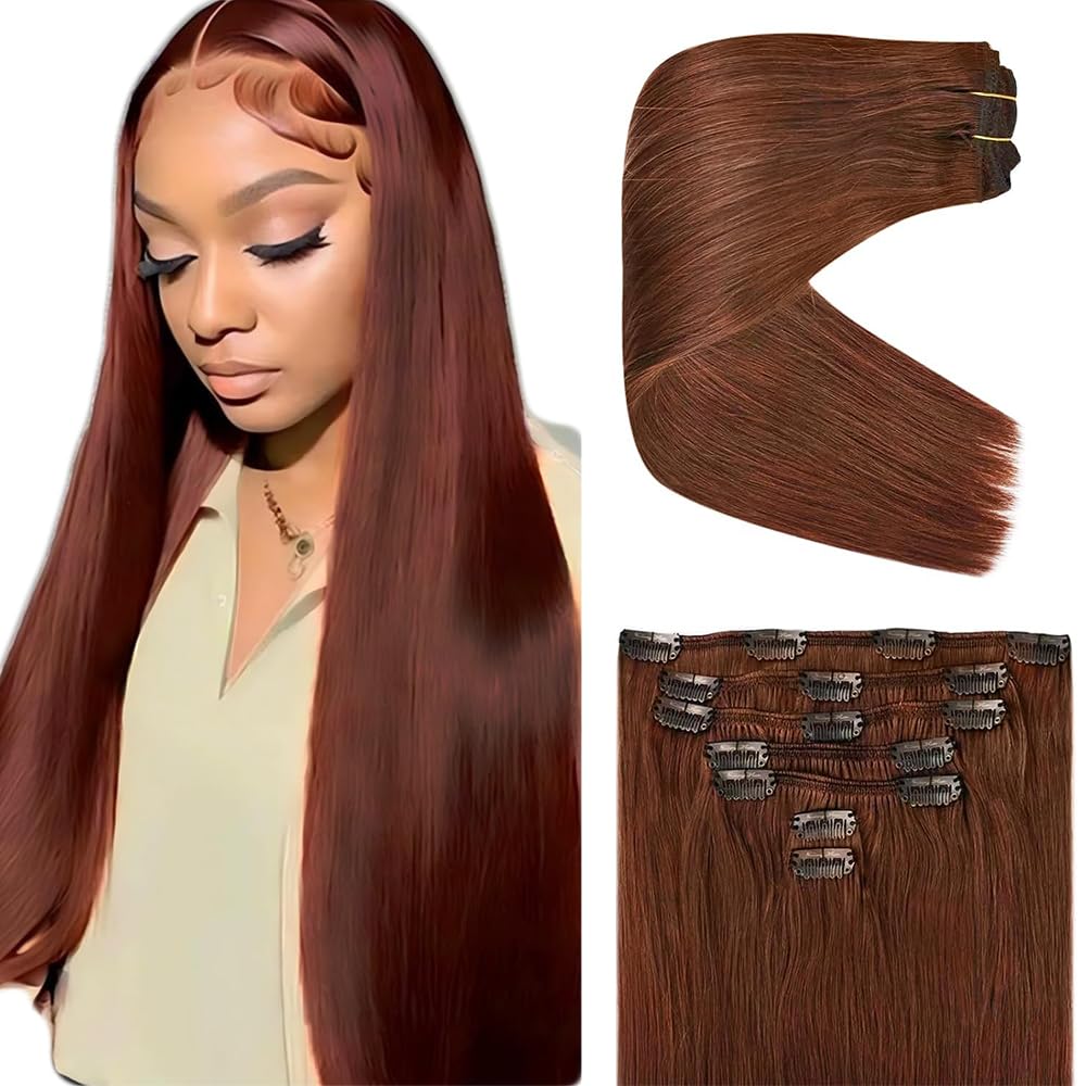 Reddish Brown Clip in Hair Extensions Real Human Hair, 28 Inch 120g/7Pcs,#33 Auburn Brown Remy Human Hair,Copper Straight Clip ins Brazilian Virgin Human Hair Extensions
