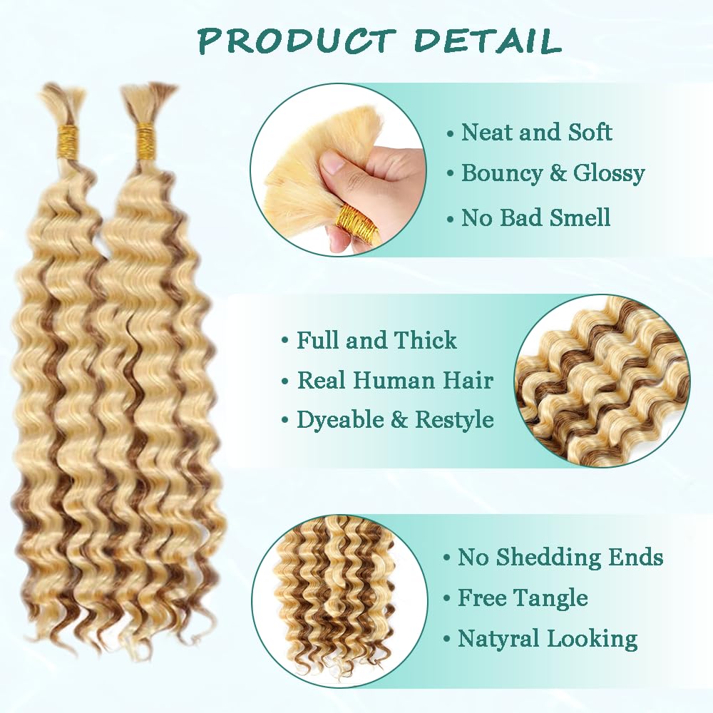 613 Braiding Hair 2 Bundles 100g 12 Inch Deep Wave Bulk Human Hair Braiding Wet and Wavy Human Braiding Hair for Boho Braids 613 Curly Human Hair Extensions