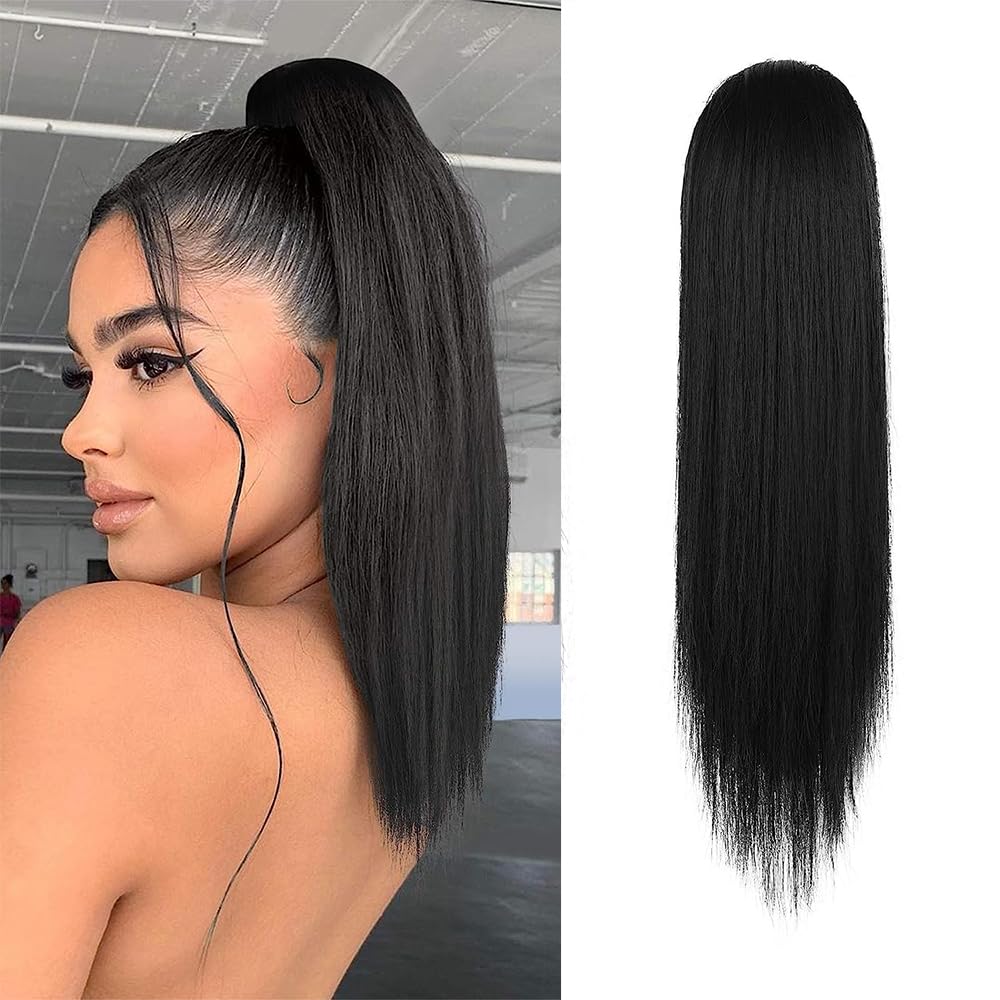 Dark Brown Straight Ponytail Extension - 28 Inch Clip-In Hairpiece for Women | Synthetic Wrap Around Style