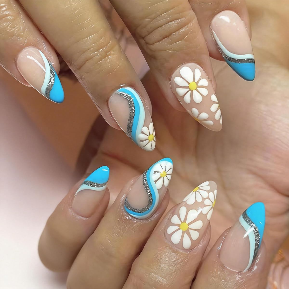 Almond Press-On Nails - Leaf Design Green Full Cover Glossy Fake Nails | 24PCS for Women