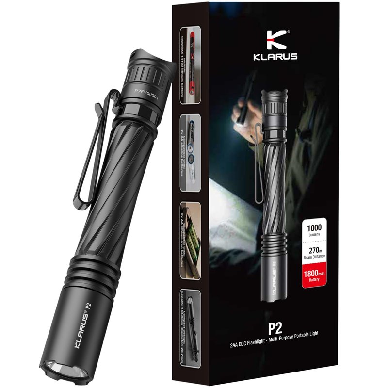 klarus P2 Tactical Pen Light, 1000 Lumens 886ft Throw, USB-C Rechargeable or 2AA Compatible, IPX8 Waterproof Small EDC Pocket Flashlight for Office Home Security