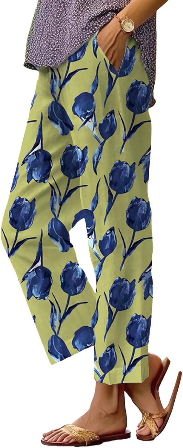 Women's Boho Floral Wide Leg Capris - Elastic Waist, Loose Fit Beach Pants | Casual Summer Trousers