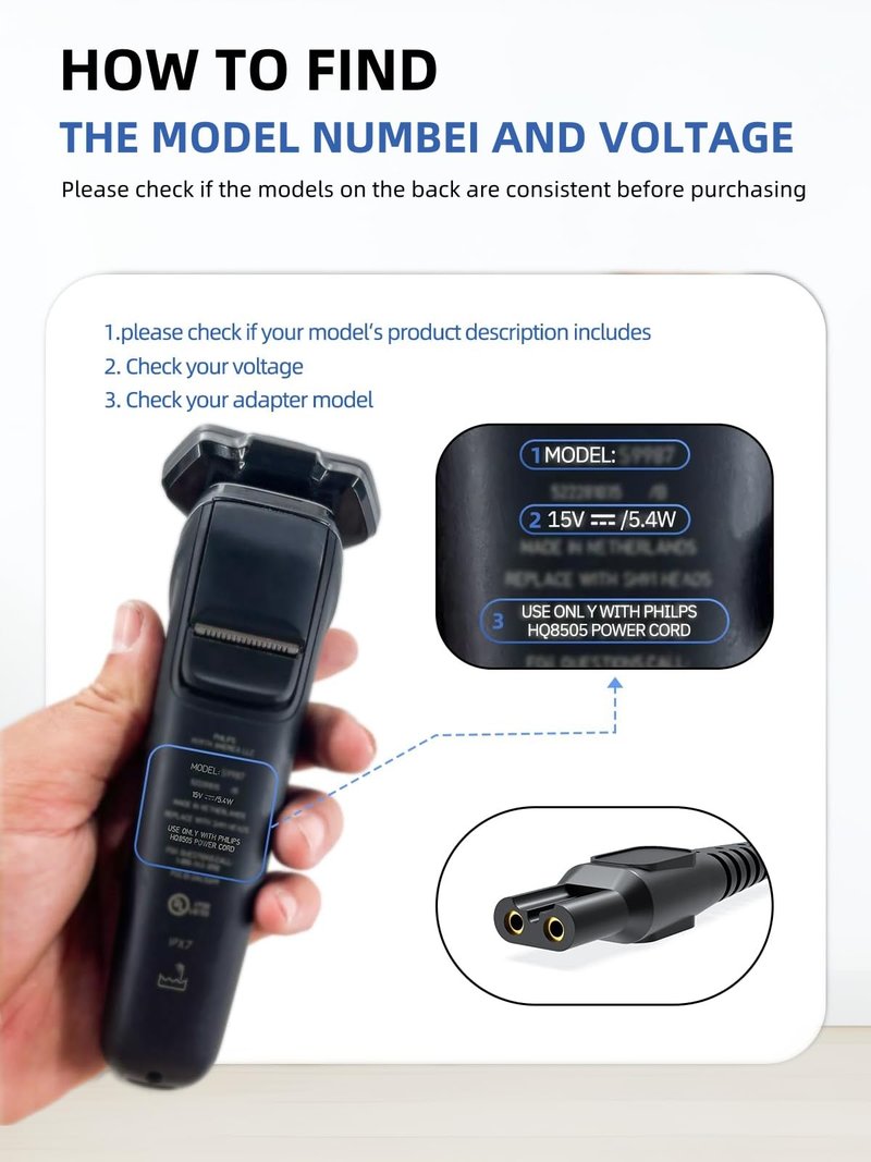 K-Mains 15V Charger Cord Fit for Philips HQ8505 Power Cord Fit for Norelco Series 3000 5000 6000 7000 9000 MG5750 MG7750 MG7790 Phillips Aquatec Arcitec Multigroom Shaver Electric Razor Beard Trimmer