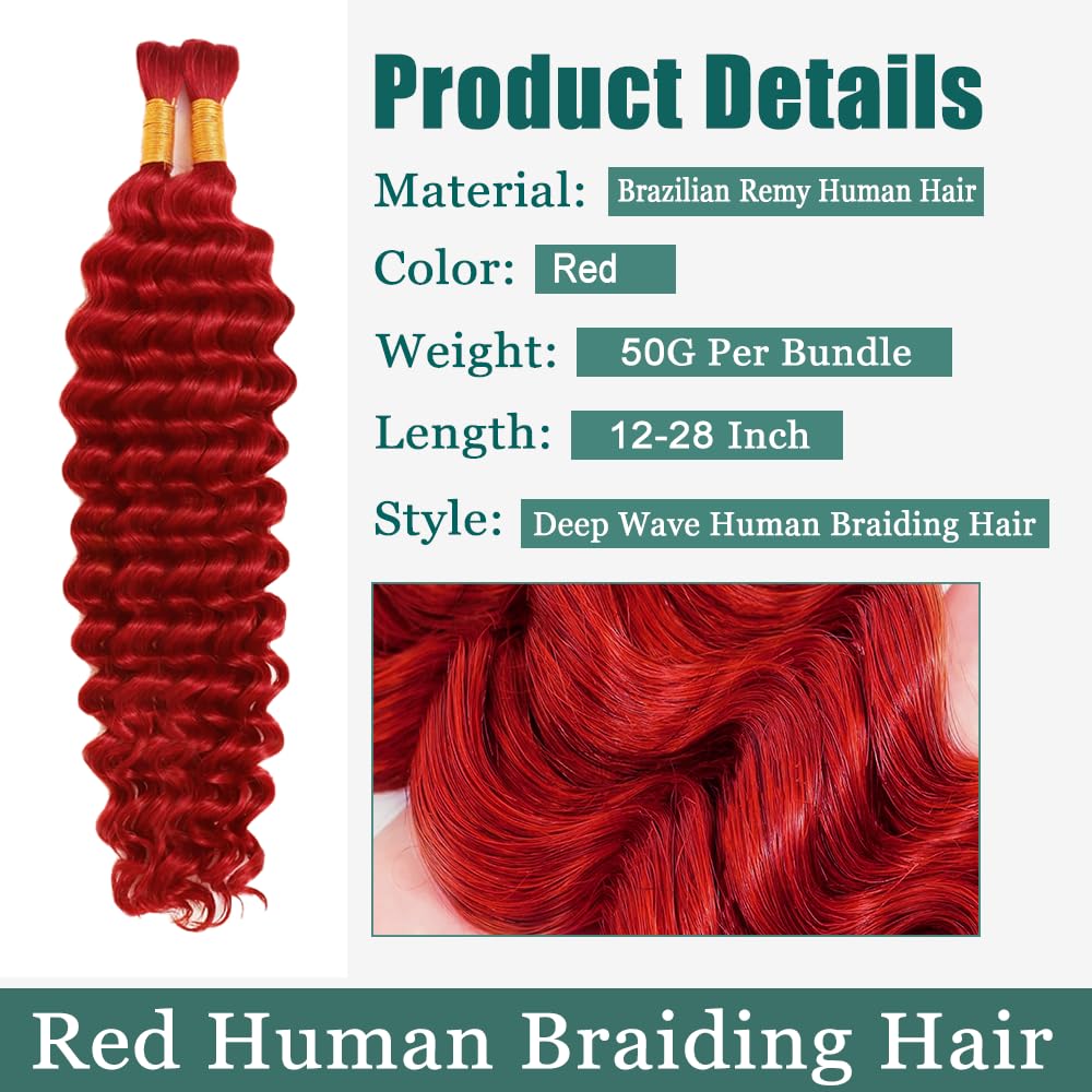 Red Boho Hair for Braiding Deep Wave Bulk Human Hair for Braiding 22 22 Inch No Weft Brazilian Red Deep Wave Bulk Braids Extensions