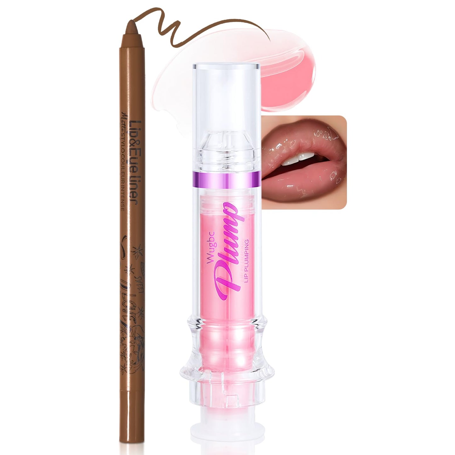 Wugbc Lip kit, Lip Plumper & Lip Liner, Natural Spicy Plumping Lip Gloss Oil Hydrating Lip Combo Glossy Finish Smooth Non-sticky Lip Liner and Gloss Set for Enhancing Lips Appearance