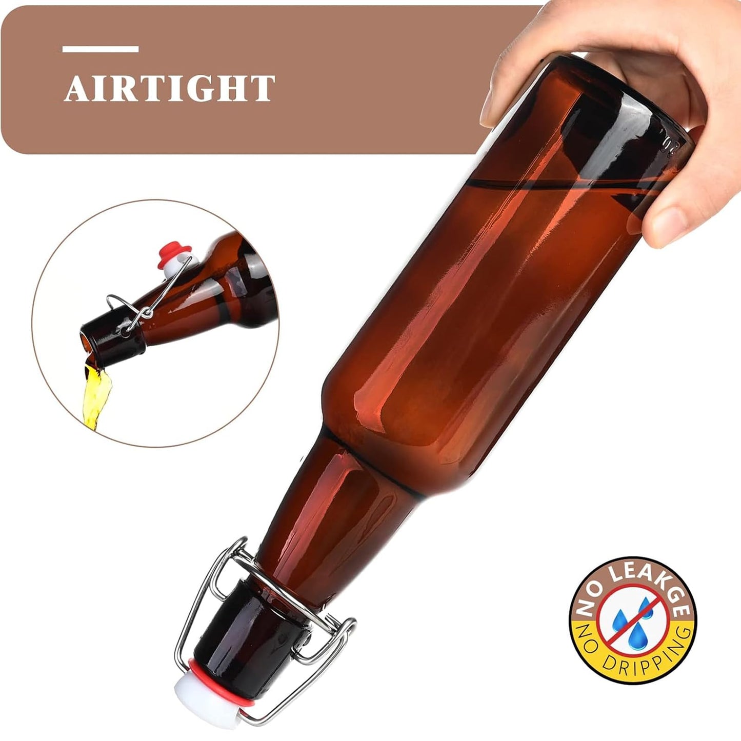 KITGLASCUP 16.5oz Amber Swing Top Glass Bottles for Airtight Lids, Home Brewing and Fermentation Kombucha, Vanilla Extract, Beverage, Water, Kefir (10 Pack)
