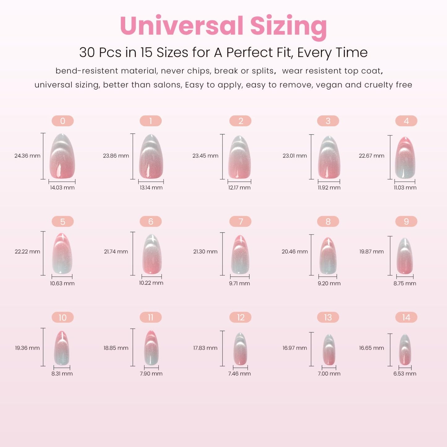 Nail Reformation Press On Nails, Iridescent Ice | Pink Medium Almond Fake Nails with Light Blue Cat Eye Finish, Glossy Reusable Stick On Nails Kit - 30 Pcs in 15 Sizes, Manicure Gifts for Women