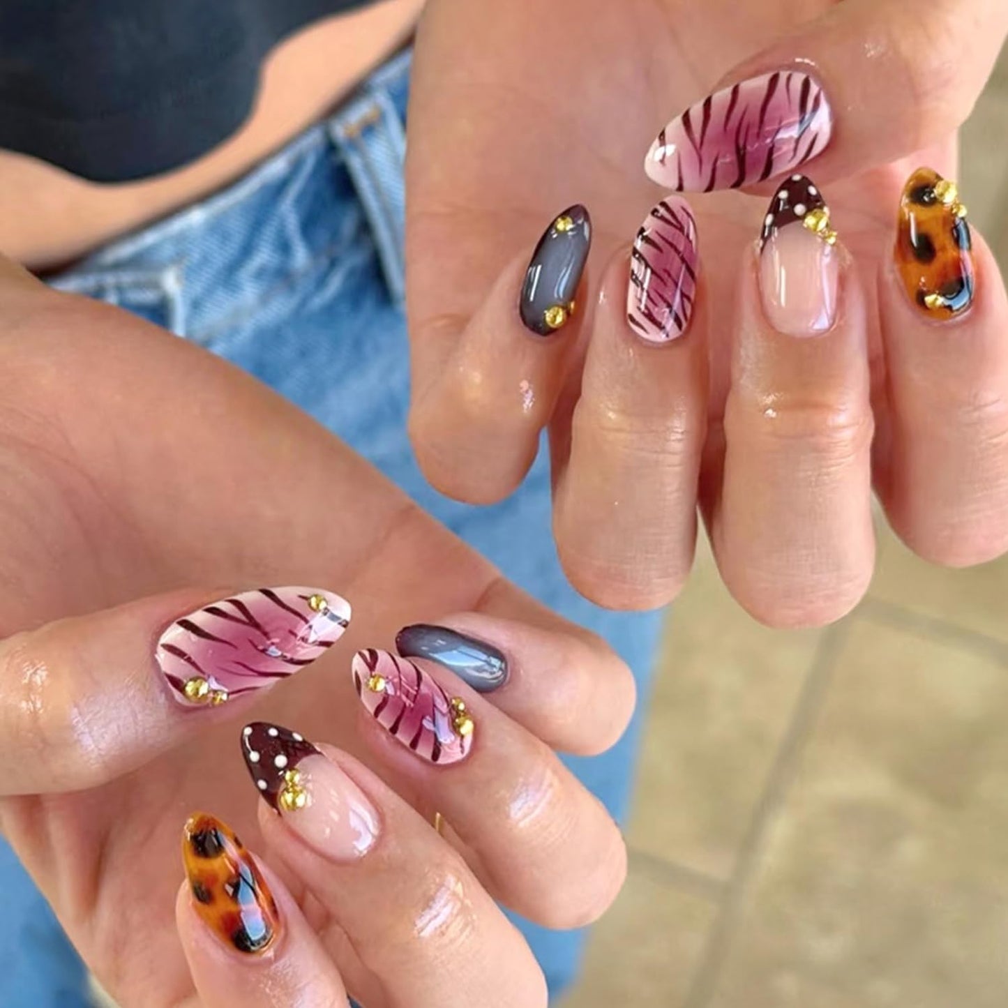 Short Almond Press-On Nails - 24 Pcs French Tip with Leopard Print & Gold Beads | Reusable Acrylic Nail Designs for Women