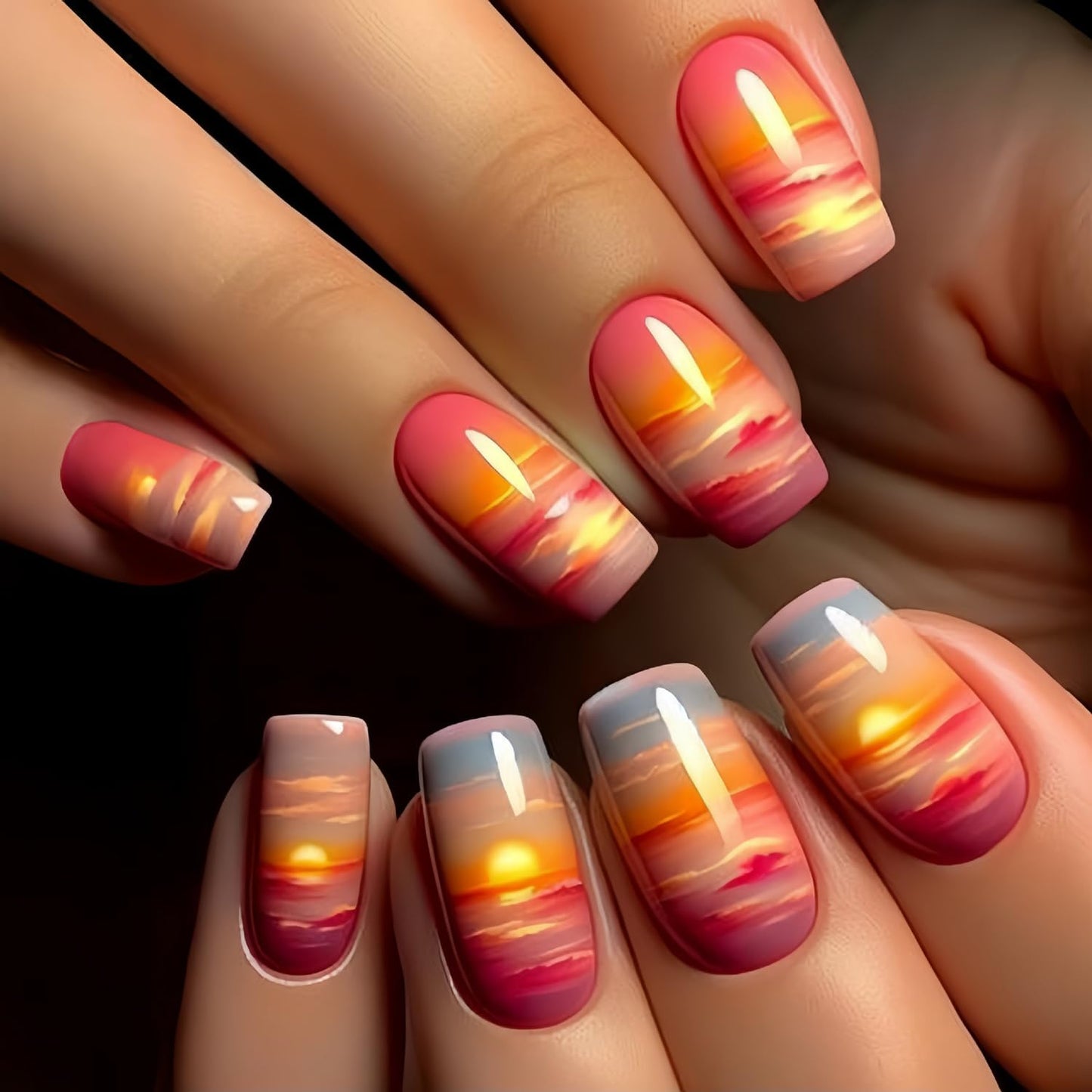 Butterfly Press-On Nails - Medium Length Rainbow Stripe Design | Colorful Square Acrylic Coffin Nails, 24 Pcs