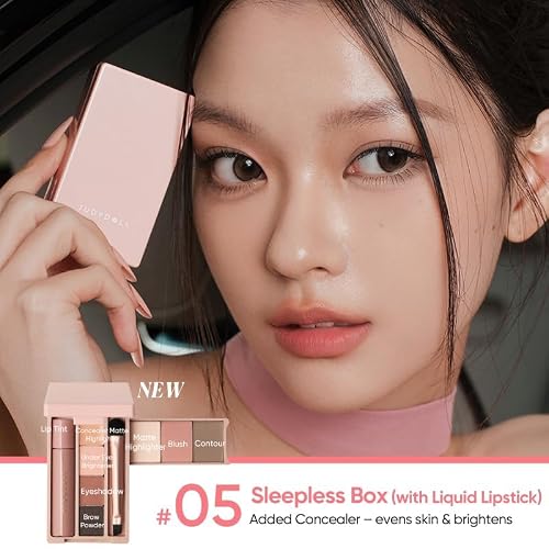 JUDYDOLL Portable Makeup Palette - All-in-One Face Makeup Kit, Contour & Highlighter for Warm & Cool Skin Tones, Travel-Friendly Cosmetic Palette (05 Sleepless Box (with Liquid Lipstick))