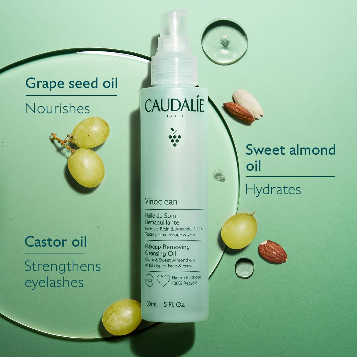 Caudalie Vinoclean Makeup Removing Cleansing Oil, Travel-Size Waterproof Makeup Remover - 75 mL