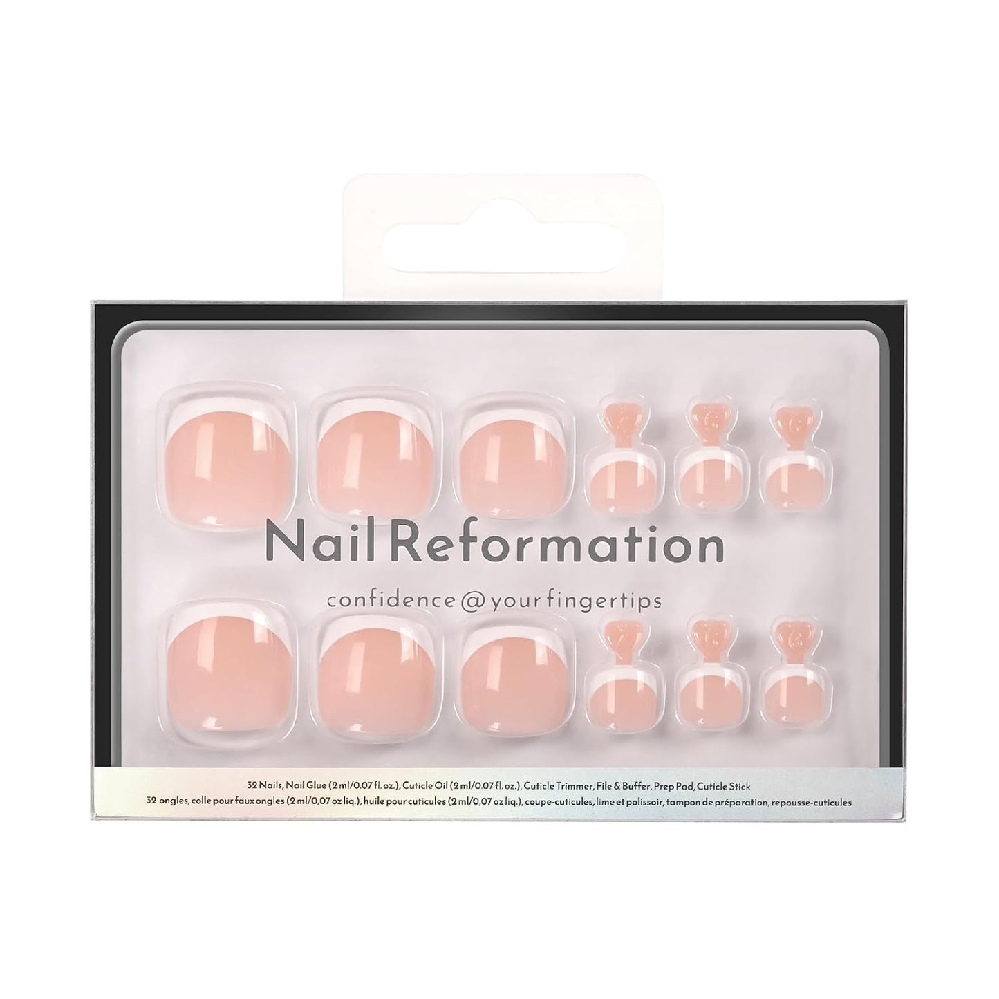Press On Toenails - Sheer Pale Pink Short Square Fake Toe Nails with White French Tip | Reusable Pedicure Kit - 32 Pcs / 16 Sizes