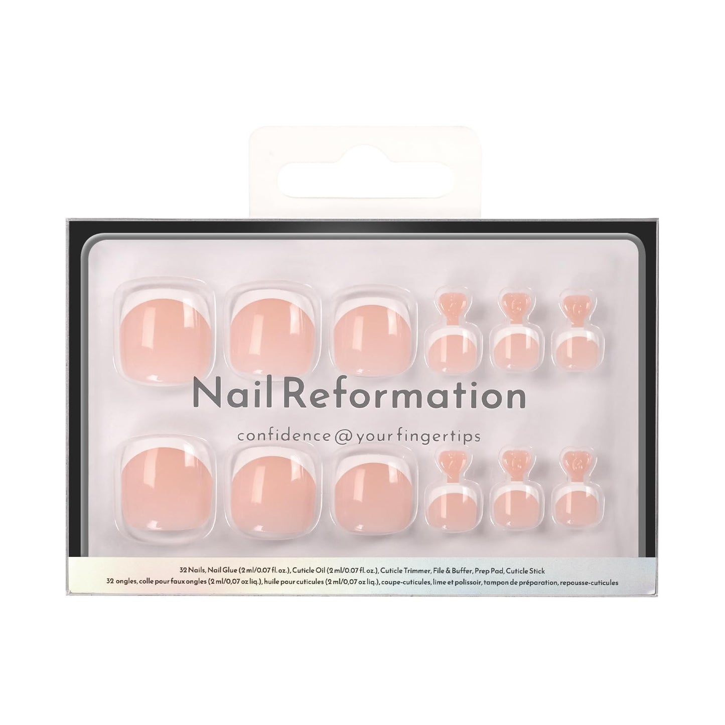 Nail Reformation Press On Toenails, Dip My Toes | Sheer Pale Pink Short Square Fake Toe Nails with White French Tip, Reusable Pedicure Kit for Summer Sandals - 32 Pcs / 16 Sizes, Gifts for Women