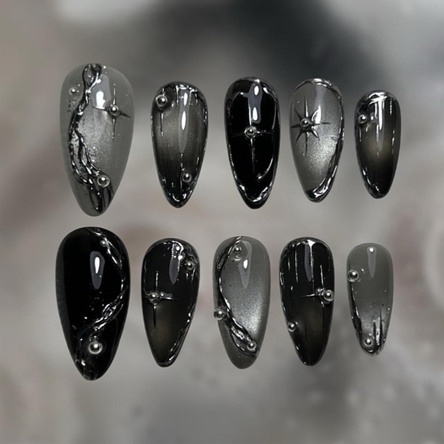 Gothic Press On Nails - Long Stiletto Acrylic Nails with 3D Metal Balls | Dark Red Gradient, 24 Pcs