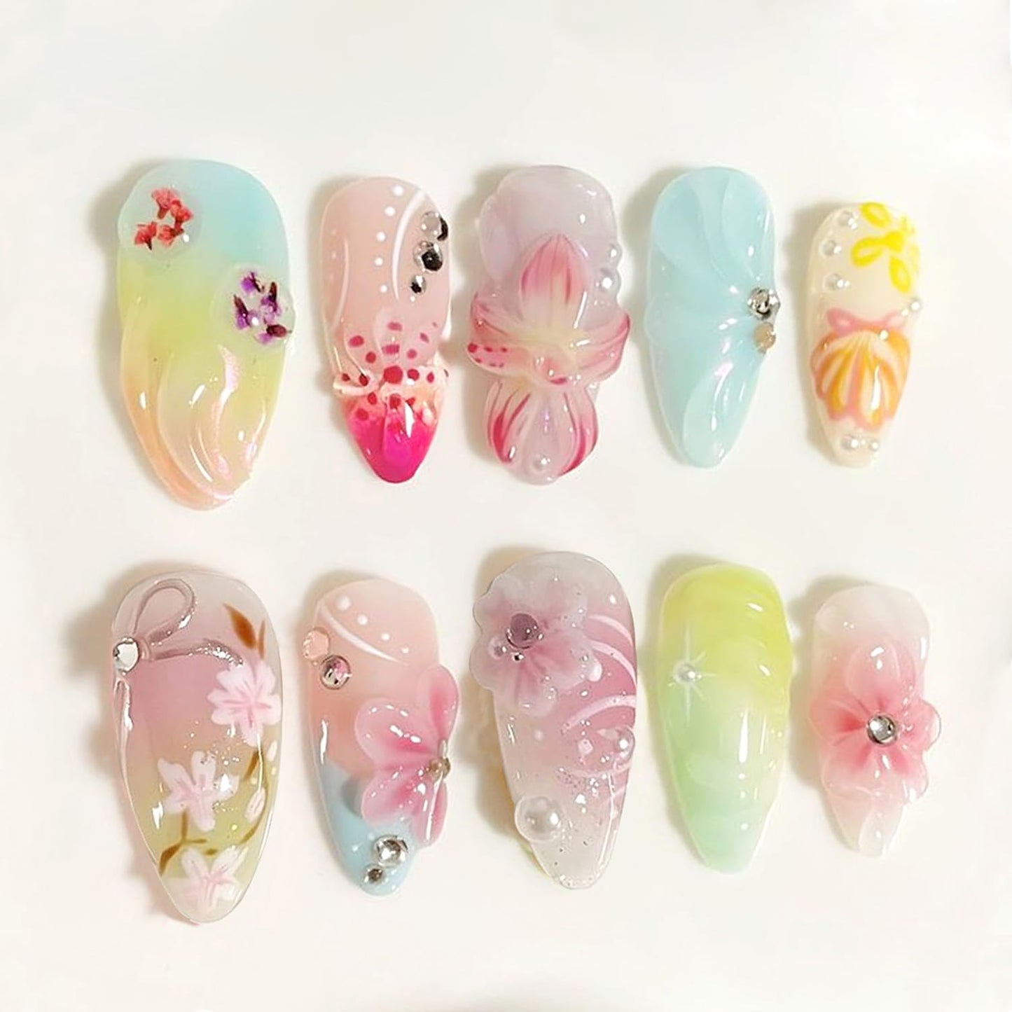 French Tip Press-On Nails - 24Pcs Medium Almond Design with Silver Rhinestones & 3D Flowers | Nude Pink Full Cover