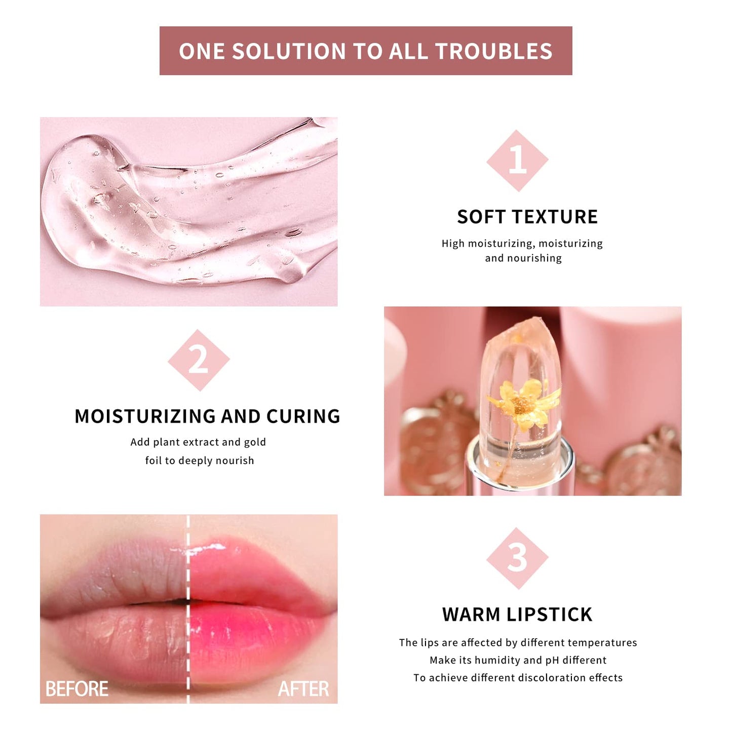 Flower Jelly Lipstick Set - 3 Pcs Temperature Change Moisturizer | Long-Lasting Glossy Shine Lip Balm for Women