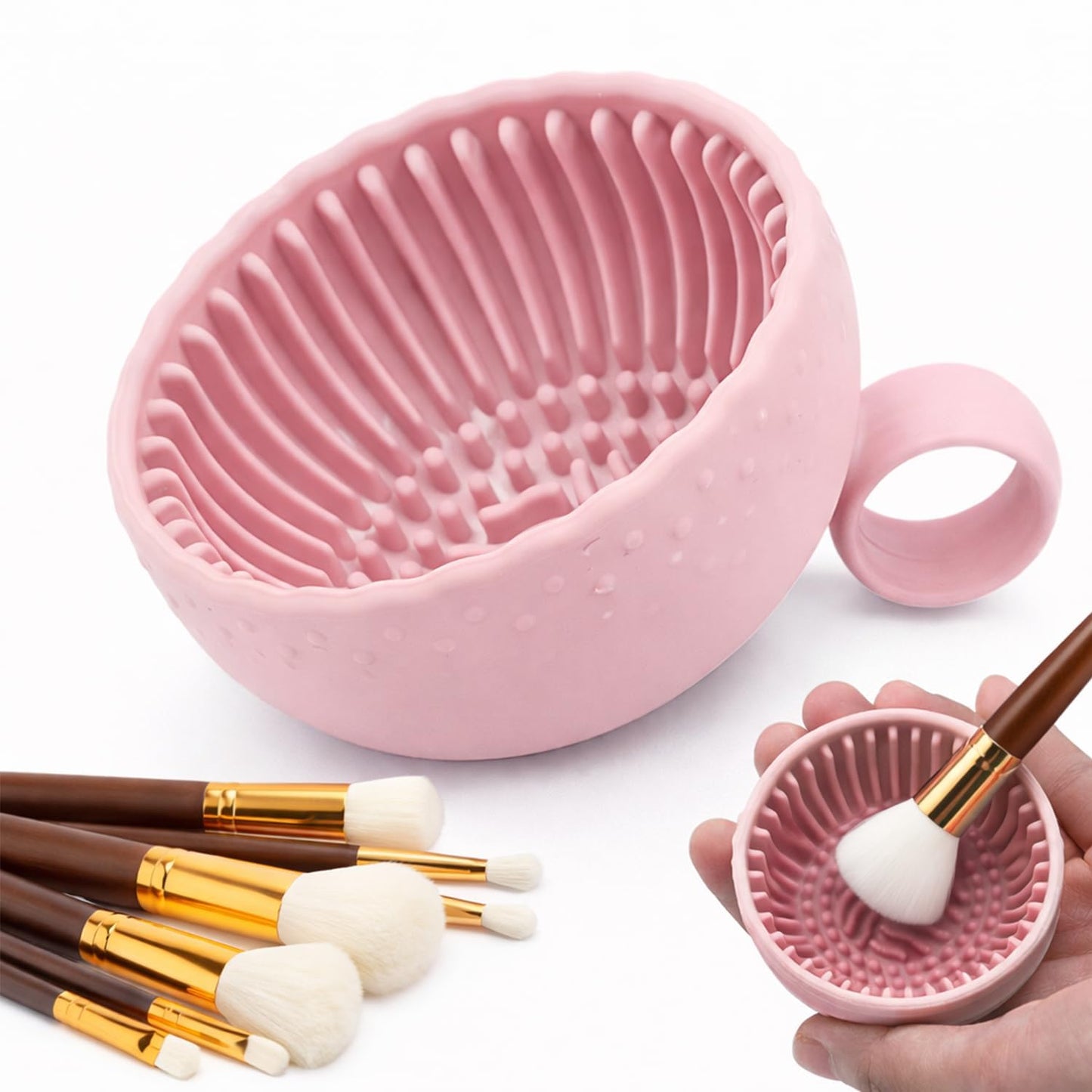 1 PC Silicone Makeup Brush Cleaner Bowl, Portable Brush Washing Tool with Textured Cleaning Pad, Compact Makeup Brush Cleaner Cleanser Mat for Sponges & Cosmetic Brushes (Pink)