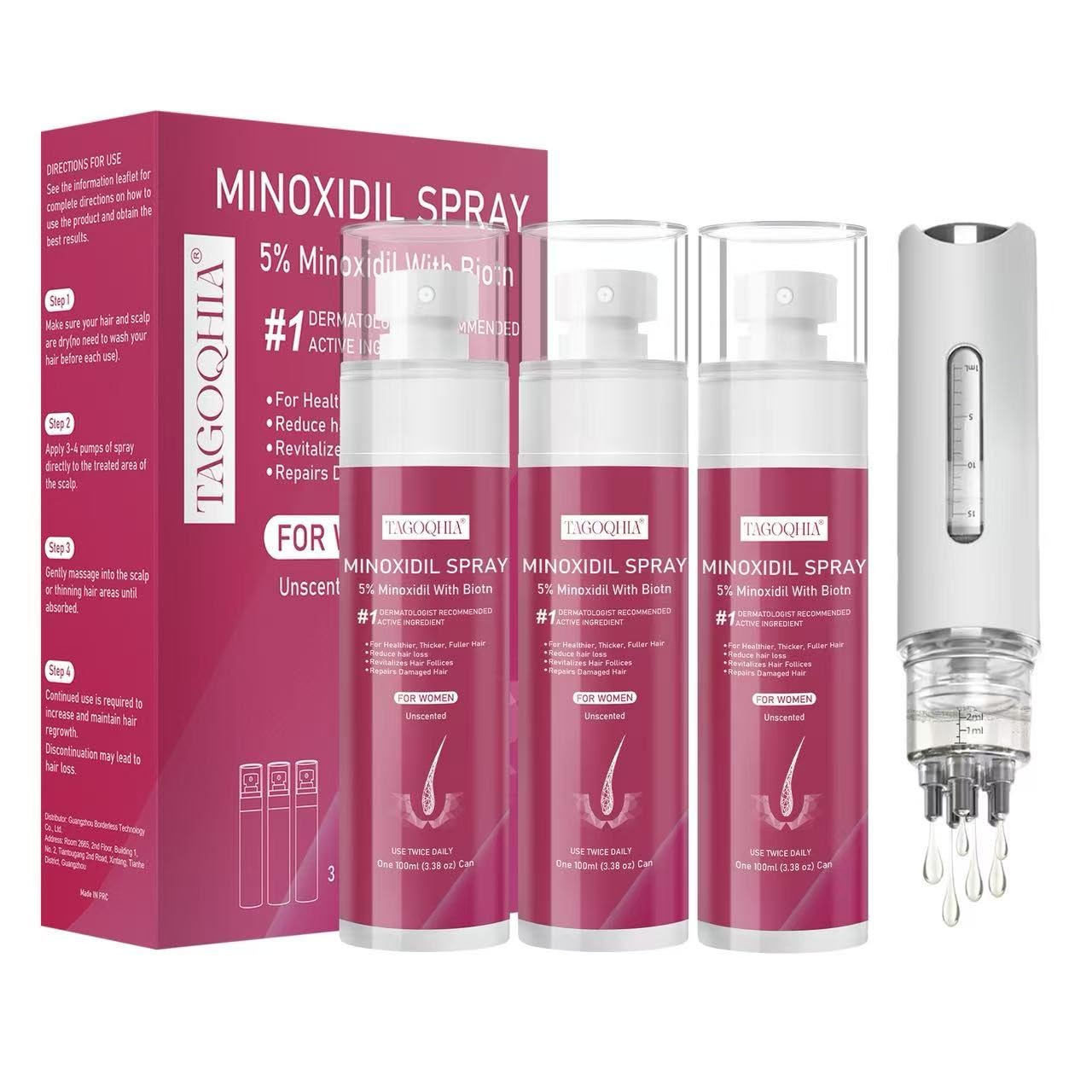 Minoxidil Hair Regrowth Spray for Women - Extra Strength Treatment with Biotin | 3 Bottles