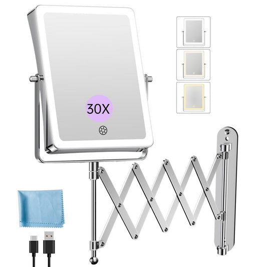 FASCINATE 5000mAh Rechargeable Wall Mounted Makeup Mirror with Lights, 8.7 Inch Double Sided Touch Switch 1X 30X Magnifying Bathroom Mirror, 3 Color Lights Dimmable Extended Arm 360°Rotation (Chrome)