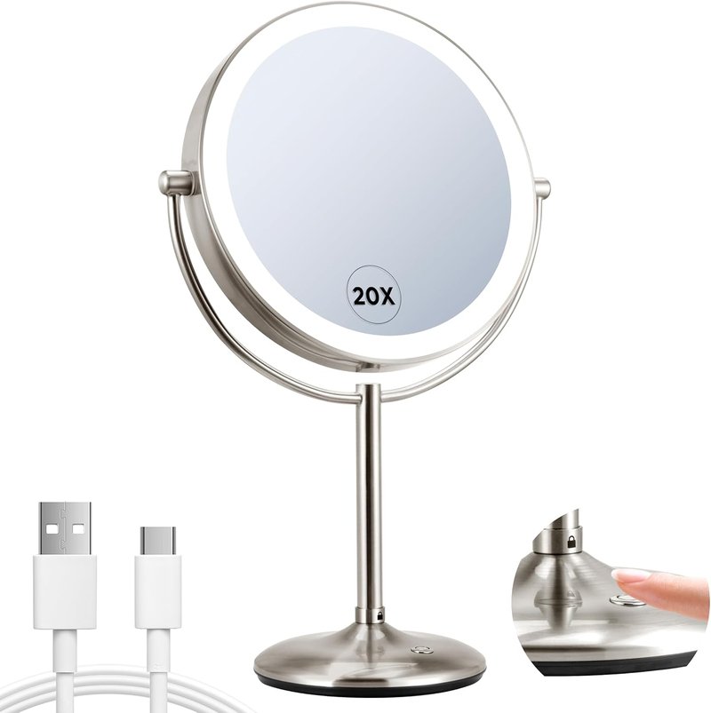 Lighted Makeup Mirror - 9" Rechargeable 1X/20X Magnifying Mirror with Dimmable 3-Color Lights | Perfect for Bedroom Tabletop