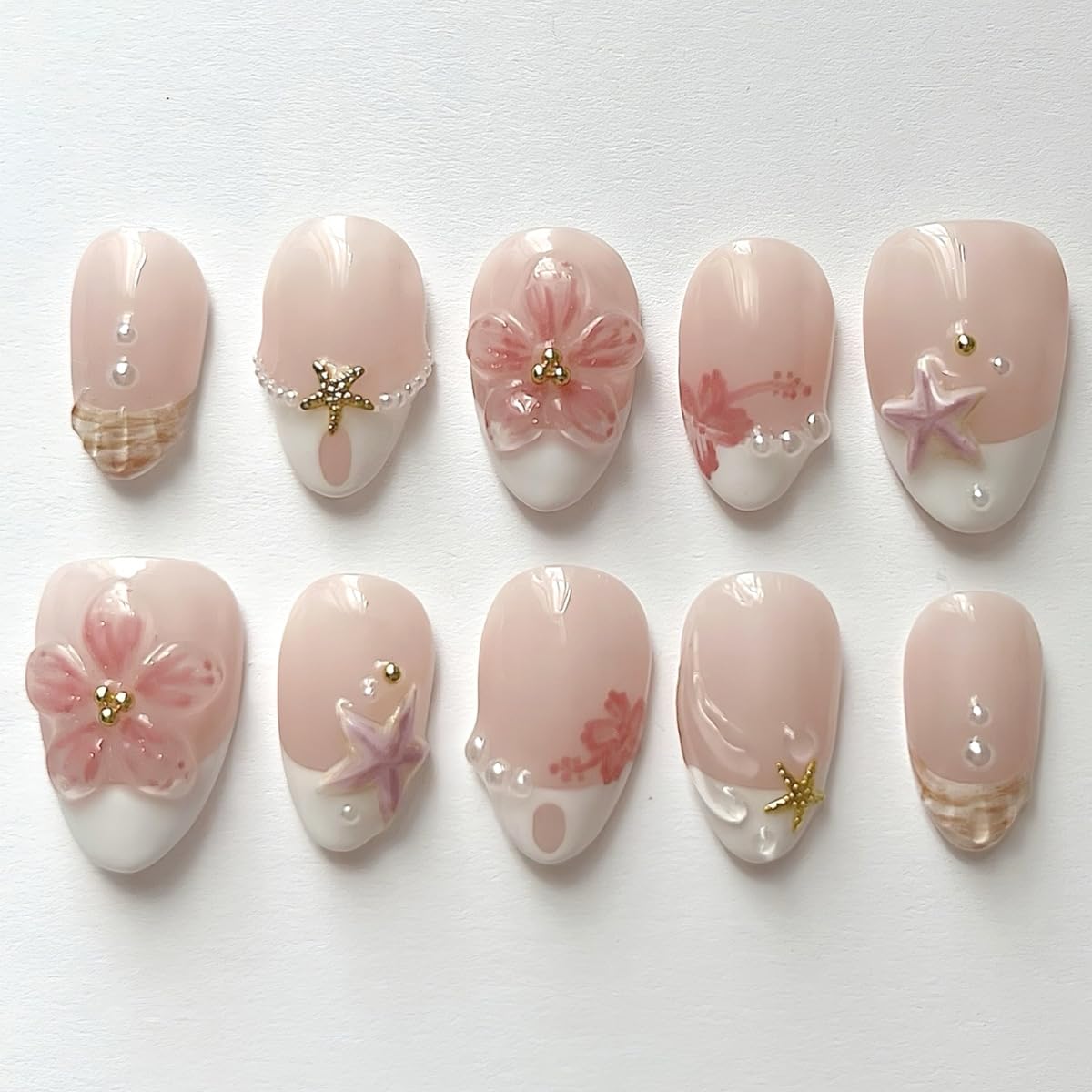Almond Yellow French Tip Press-On Nails - Ladybug & Green Leaves Design | Reusable Full Cover 24 Pcs for Spring/Summer Manicure