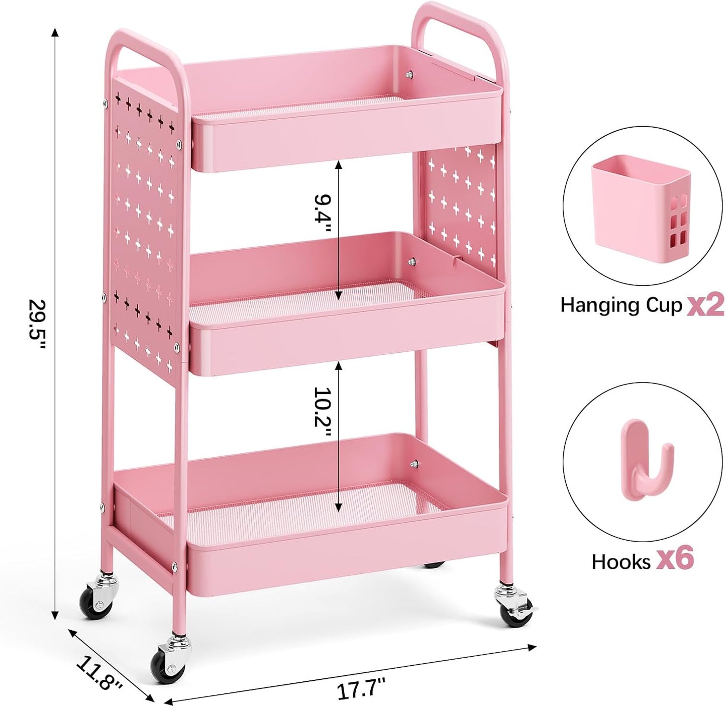 3 Tier Rolling Cart with DIY Pegboard - Metal Utility Cart with Wheels, Hooks & Baskets | Sturdy Storage Organizer for Craft, Bathroom, Kitchen, Office, Nursery, Classroom (Pink)