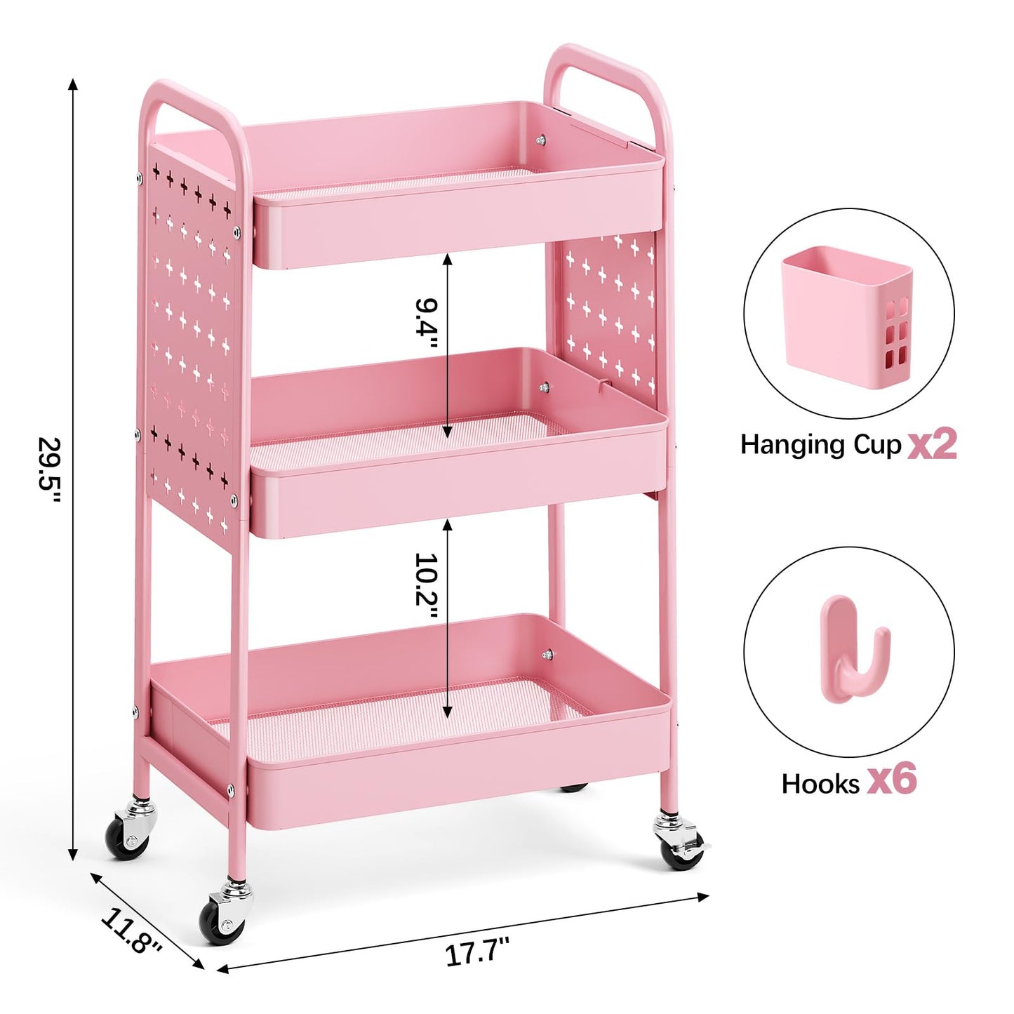 KINGRACK 3 Tier Rolling Cart with DIY Pegboard, Metal Utility Cart with Wheels, Hooks & Baskets, Sturdy Storage Organizer for Craft, Bathroom, Kitchen, Office, Nursery, Classroom(Pink)