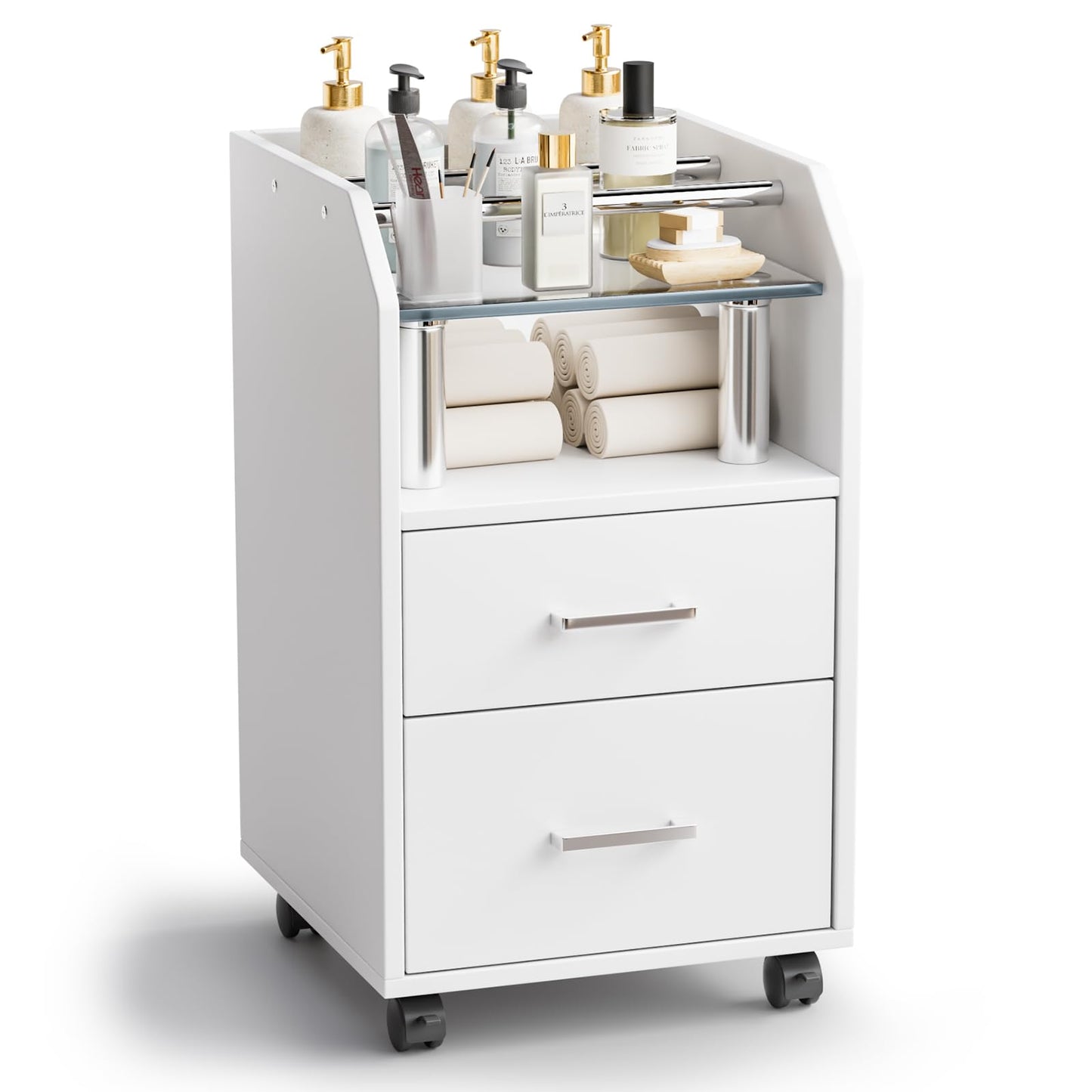OmySalon Pedicure Cart, Foot Bath Trolley with Storage Drawer & Bottle Racks, Portable Salon Station for Esthetician Manicure & Foot Massage, Beauty Spa Supplies with Locking Wheels, White