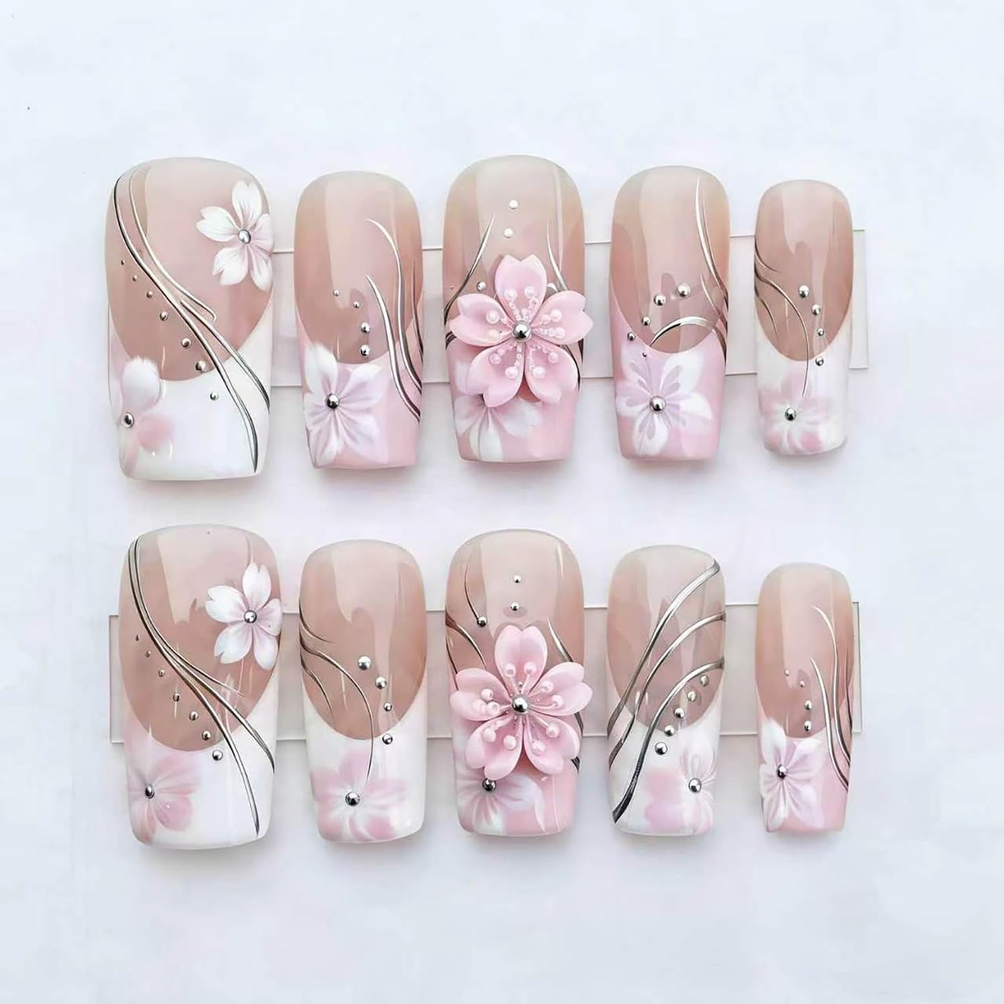 French Tip Press-On Nails - 30pcs Medium Almond Acrylic with 3D Flower & Pearl Design | Reusable Summer Nail Art