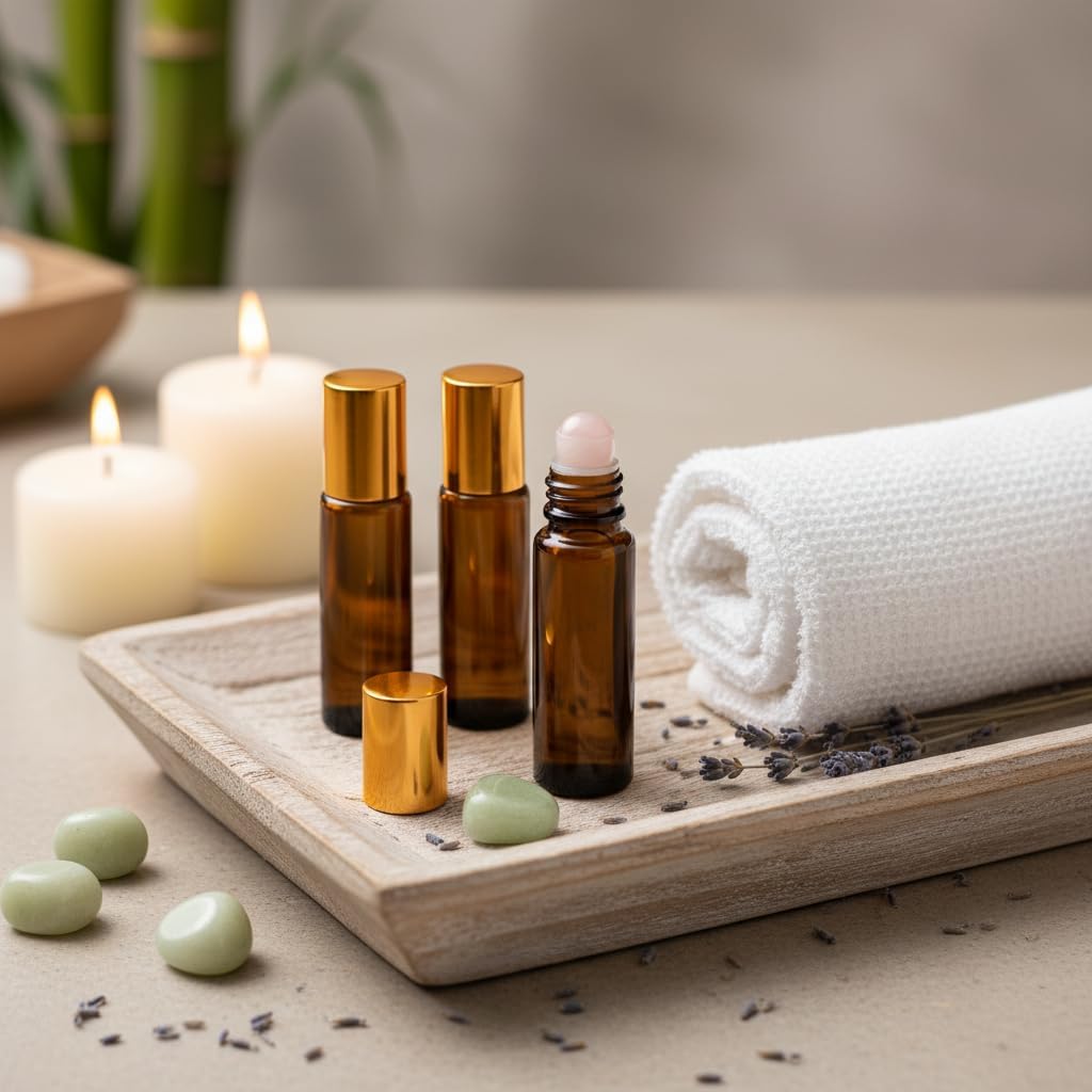 Roller Bottles with Natural Rose Quartz Balls - 10ml Refillable Amber Glass Essential Oil Kit | Leak-Proof for Travel & Aromatherapy