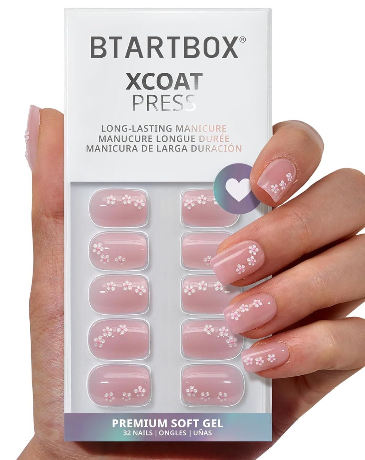 French Tip Press On Nails - Sunprint Dress | Lamp-Curable 4-Week Wear, Pink Short Almond, 16 Sizes, 32 Nails Kit