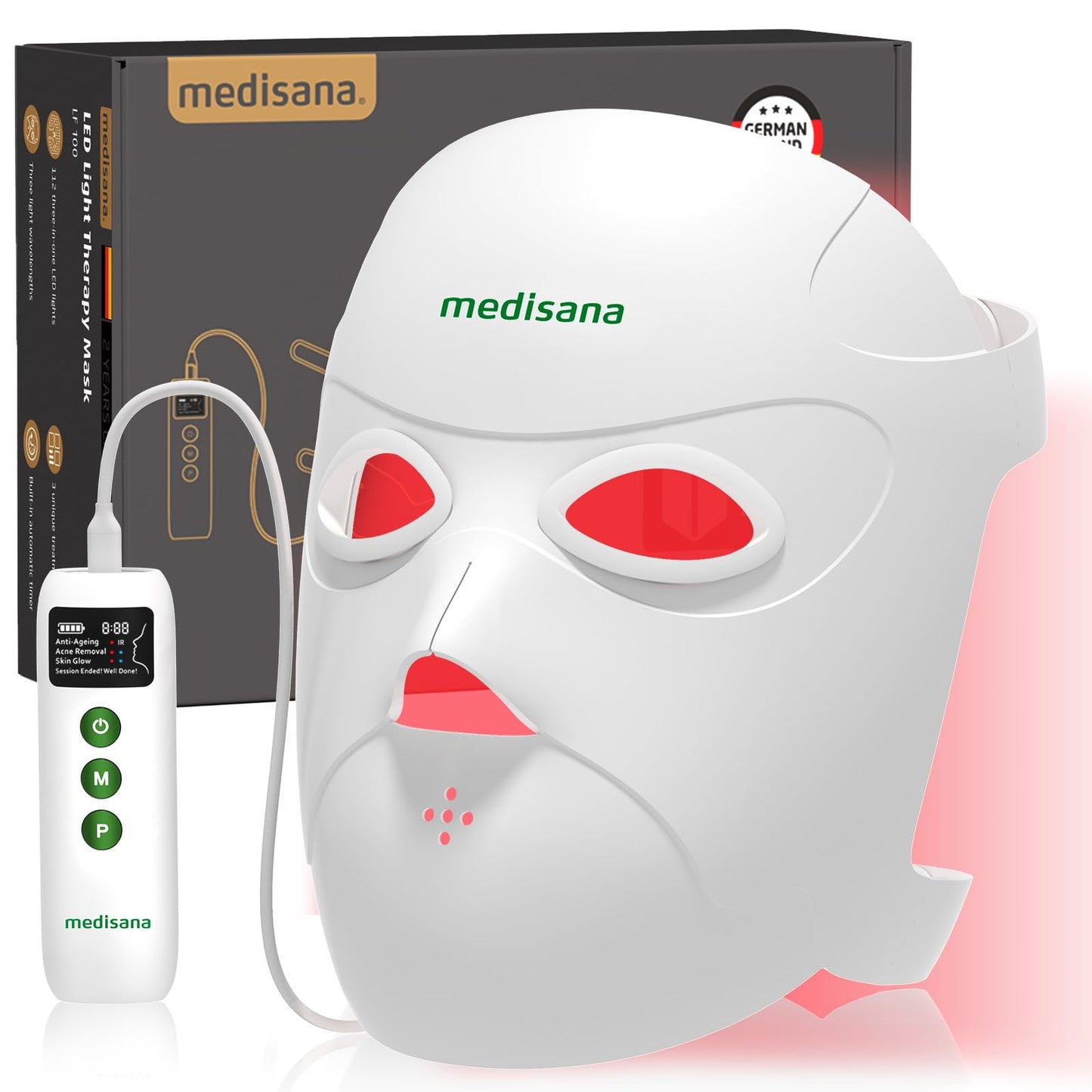 Medisana 3D Red Light Therapy for Face, 336 LEDs with 3 Modes - NIR 830nm, Red 630nm, Blue 415nm - 3D Ergonomic Silicone Design, Cordless & Rechargeable LED Face Mask, Skincare Gifts for Women