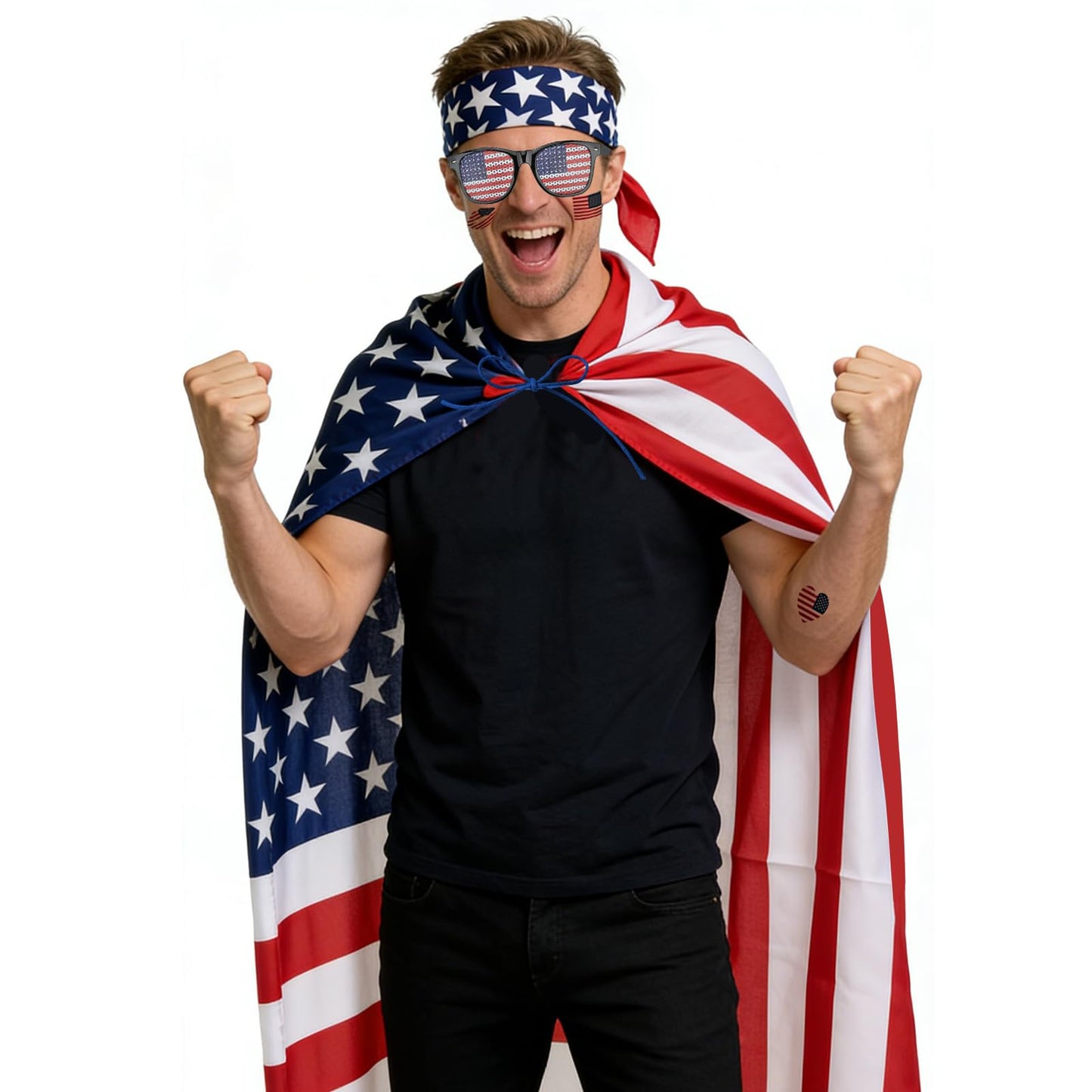 2026 Soccer Fan Flag Cape Set, National Cape Sunglasses Headband Tattoos, Flag Costume Cape for Match Day Party 4th of July(America)