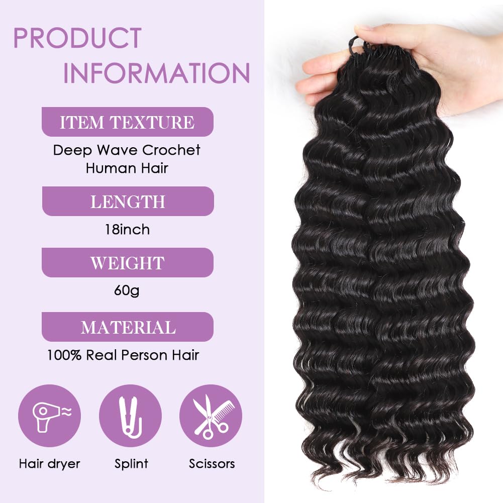Feather Crochet Human Hair Extensions - 18 Inch Deep Wave | Pre-Looped, 60g, 50 Strands
