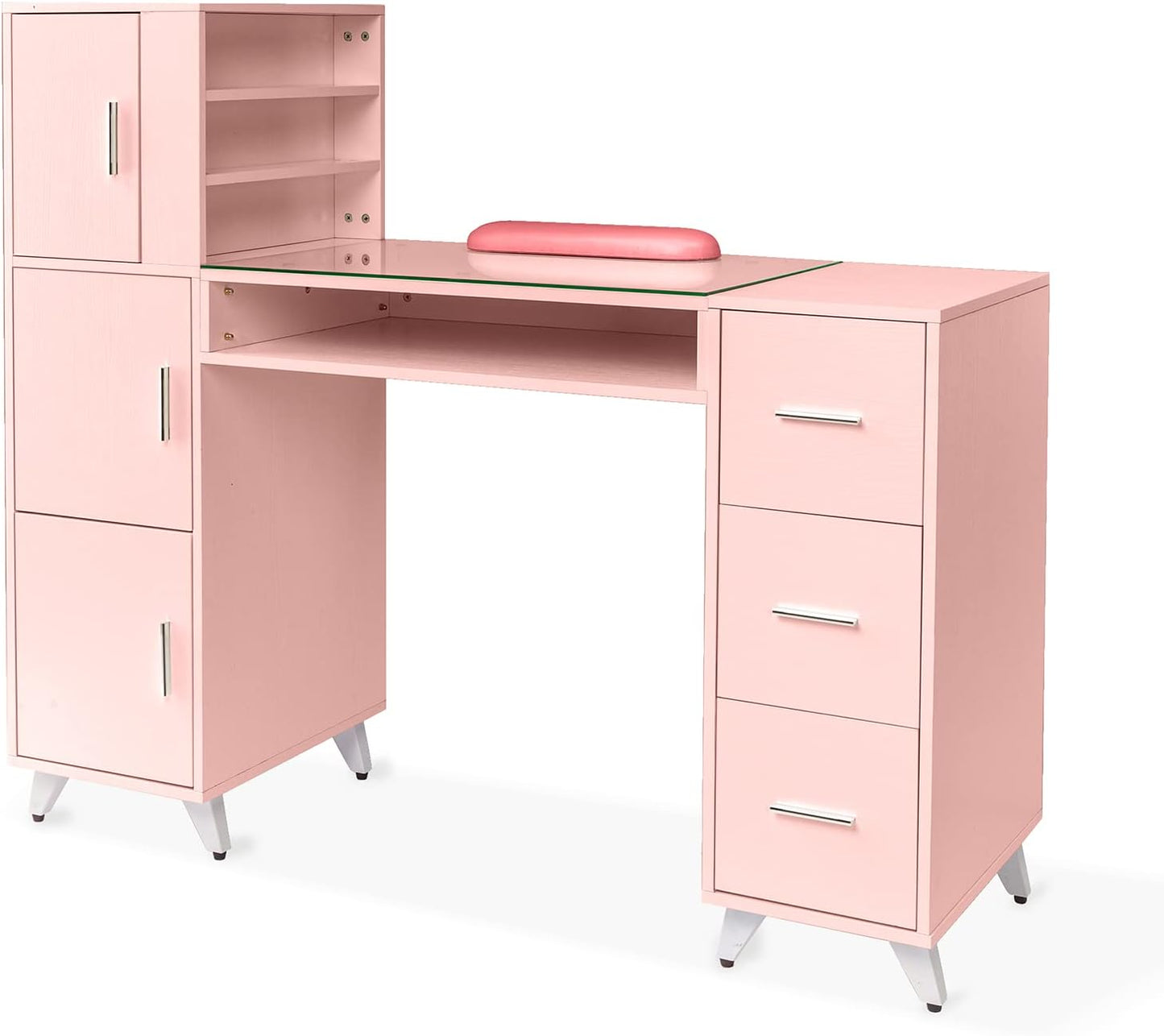 OmySalon Manicure Table - Nail Desk with Glass Top & Wrist Rest | Acetone Resistant, 3 Cabinets & Drawers for Nail Tech