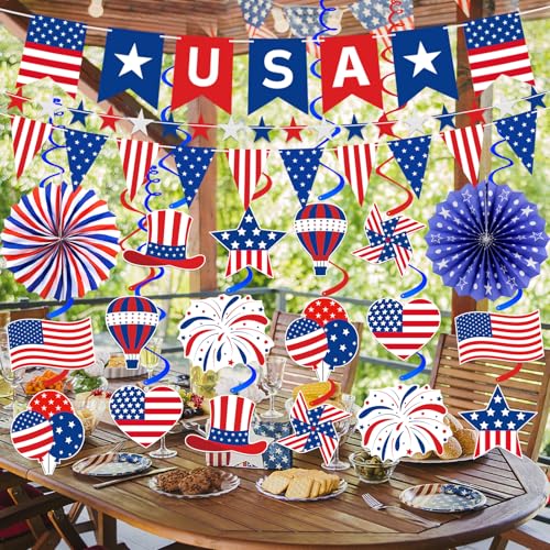 37 Pcs 4th of July Decorations Set - USA Banner, Paper Fans & Swirls