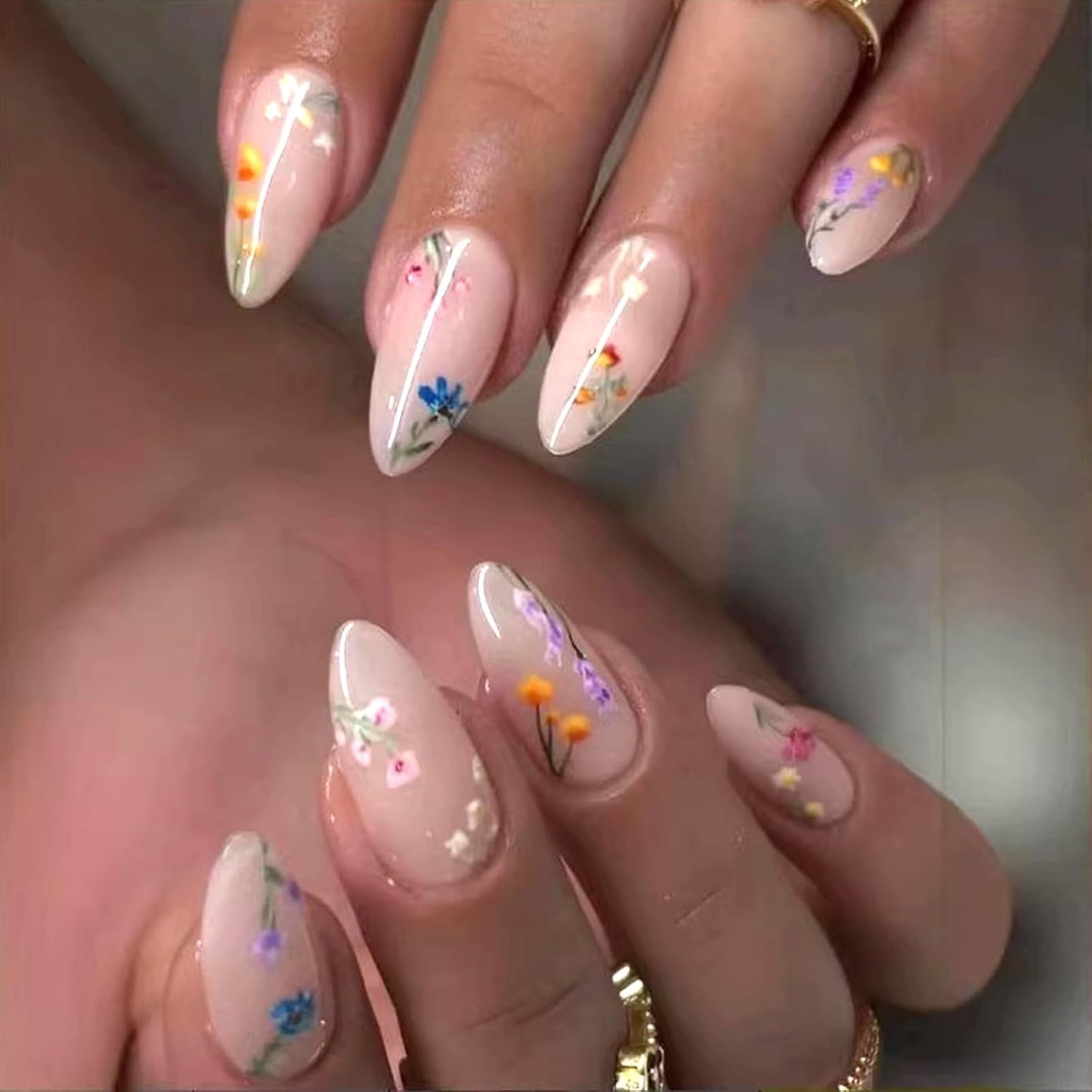 Colorful Gradient Press-On Nails - Medium Almond Summer Sunset | Reusable Glossy Full Cover 24 Pcs with Adhesive Stickers
