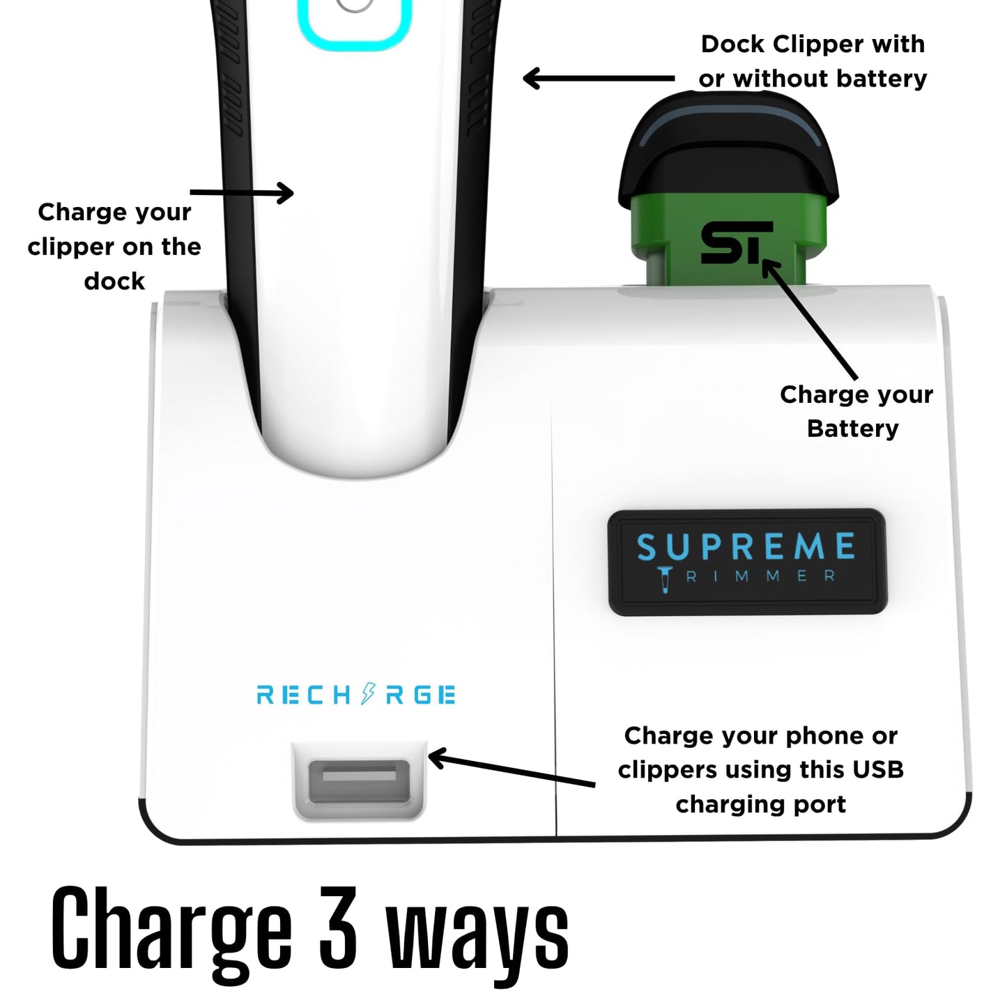 Supreme Trimmer Recharge Clipper - Professional Hair Clipper with 2 Removable Batteries, Brushless Motor, Smart Charge Stand, USB-C Charge & DLC Blades Barbers | STC779