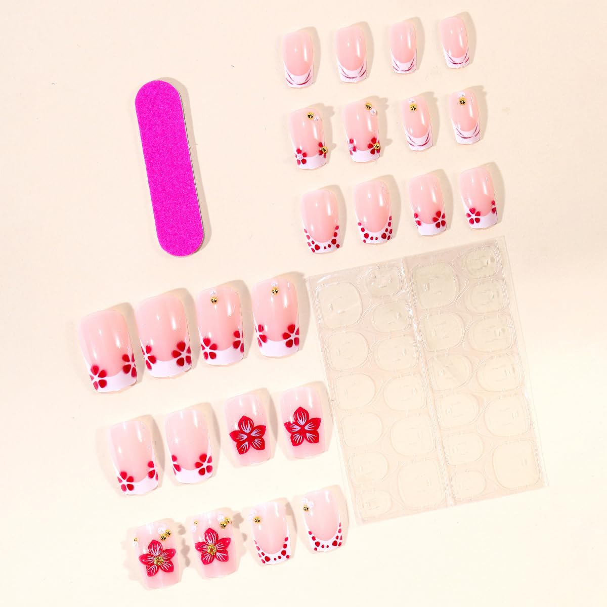 Press On Nails - Pink Flower Medium Square French Tip with 3D Floral Design | 24 Pcs Full Cover Acrylic Nails
