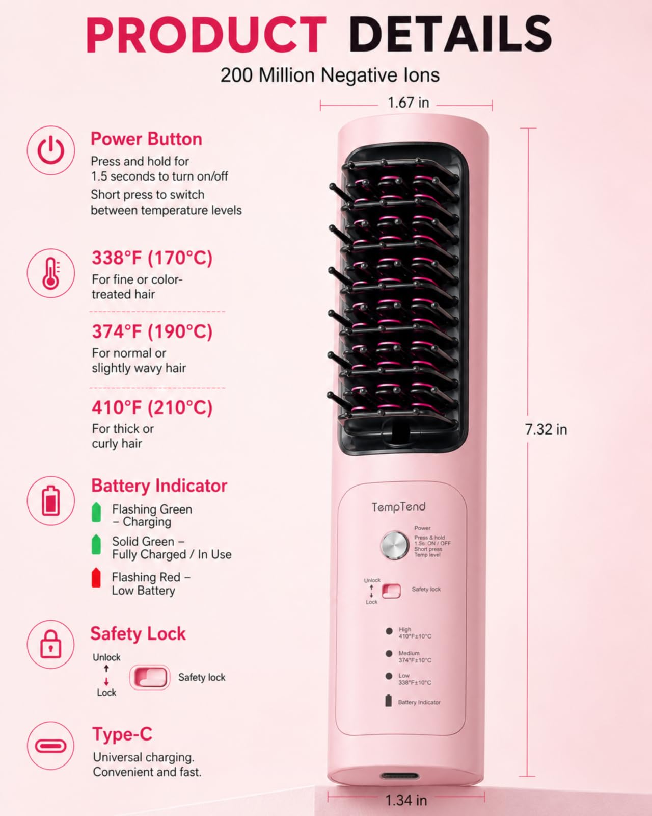Cordless Hair Straightener Brush, Portable Straightener with Ionic Hair Brush Care, Fast Heated Styling, 3 Heat Levels, and Anti-Scald Care for Travel, Office, and Hotel, Gift for Women, Mirage Pink