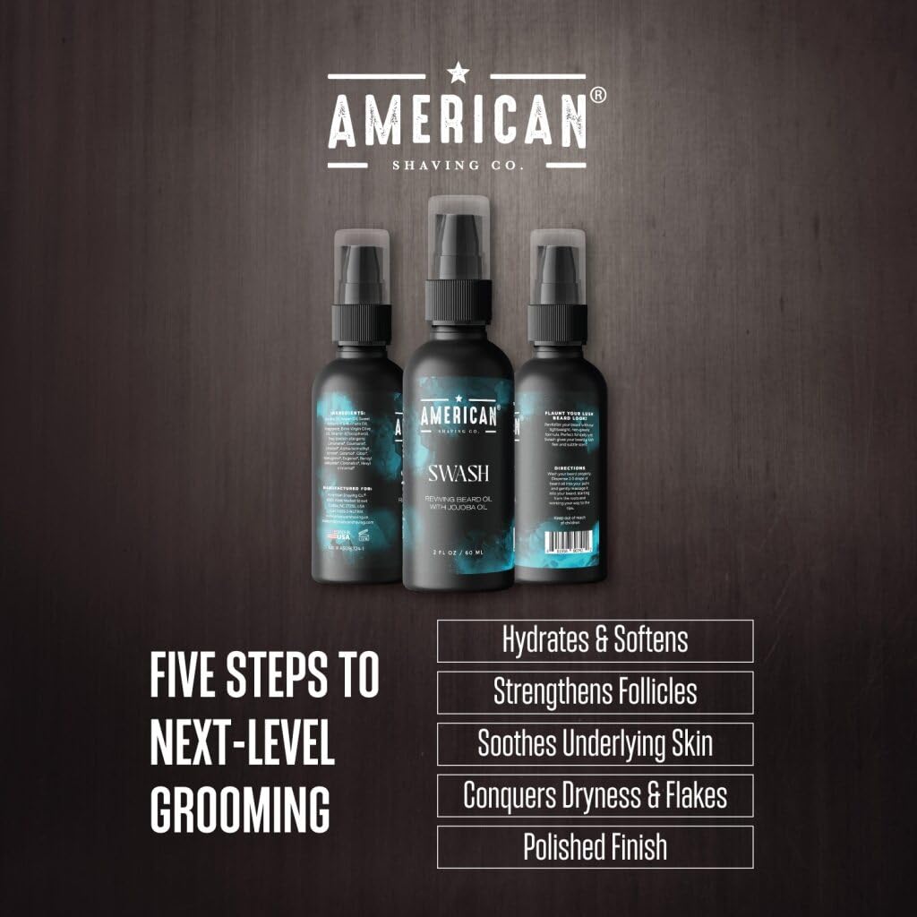 American Shaving Co. Swash Beard Oil for Men | Made With Jojoba Oil | Lightweight, Non-Greasy Beard Conditioner & Softener | Natural Oil for Thicker Beard | Beard care products for men | Made in USA