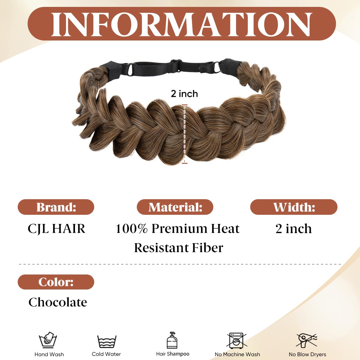 CJL Hair Wide Elastic Braided Headband for Women - Adjustable Synthetic Hair Braid | Chocolate Color