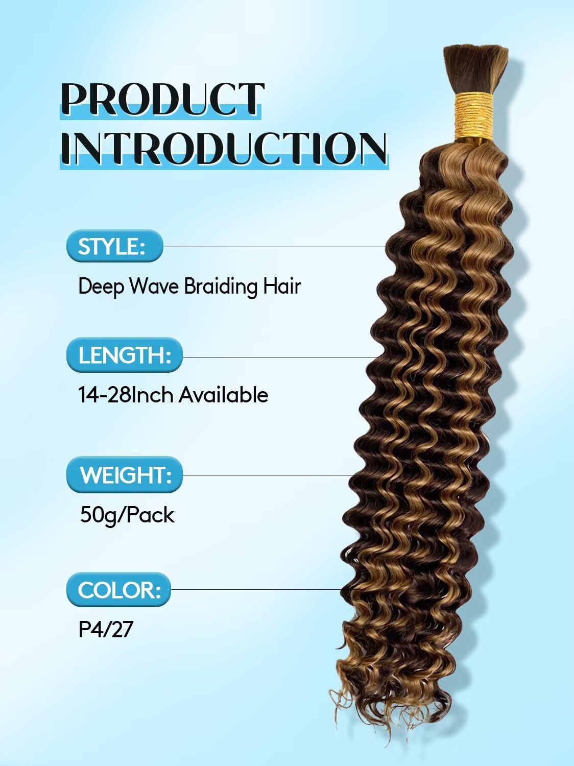 Unprocessed Human Hair for Braiding - #4/27 Brown & Honey Blonde Highlights | 22 Inch, 50g Curly Bulk Hair Extensions