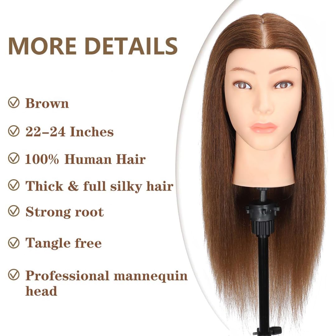 Human Hair Mannequin Head - 100% Real Hair Cosmetology Practice for Braiding & Hairstyling | Brown
