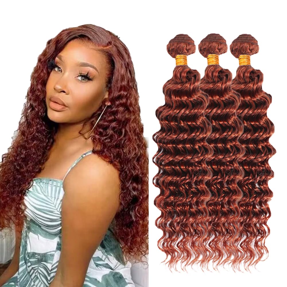 #33 Light Brown Bundles Human Hair Deep Wave Bundles 28 30 32 Inch Brown Unprocessed Brazilian Virgin Hair 3 Bundle 50 Gram Per Bundle Deals Quick Weave Hair Extensions