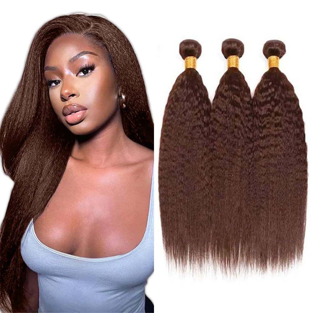 #4 Brown Bundles Human Hair Yaki Straight Bundles 30 32 34 Inch Chocolate Unprocessed Brazilian Virgin Hair 3 Bundle 50 Gram Per Bundle Deals Quick Weave Hair Extensions